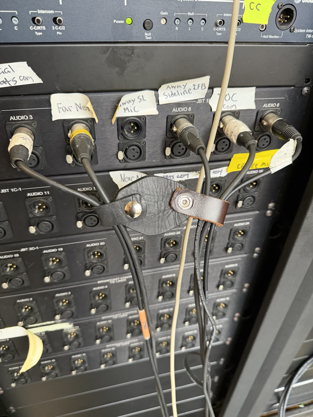 Keeper grouping cables at an audio patch panel